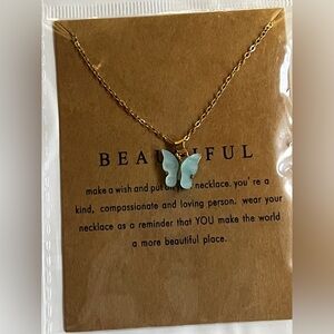 Gold light green turquoise Butterfly Pendant Necklace